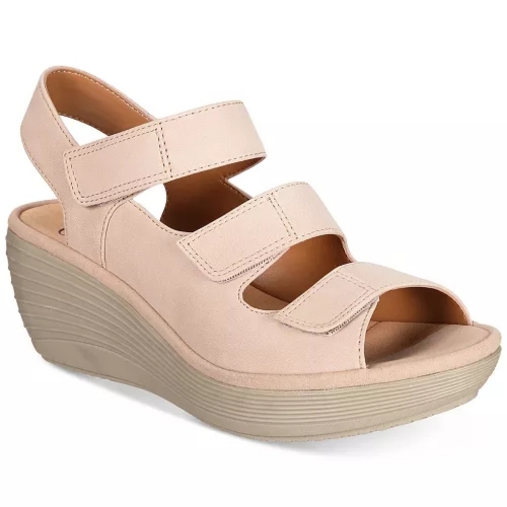 Clarks Women's Reedly Juno Wedge Sandals Tan Nude Sz 9.5